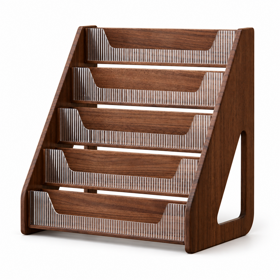 Empty solid walnut five-tier coffee sachet organizer shelf on a white background