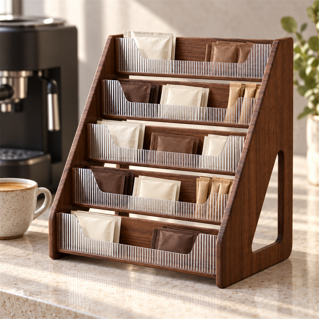 Five-tier walnut organizer holding coffee sachets and sugar packets beside a coffee machine
