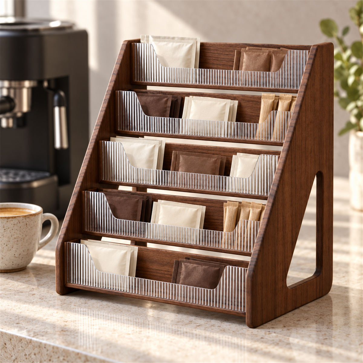 Five-tier walnut organizer holding coffee sachets and sugar packets beside a coffee machine