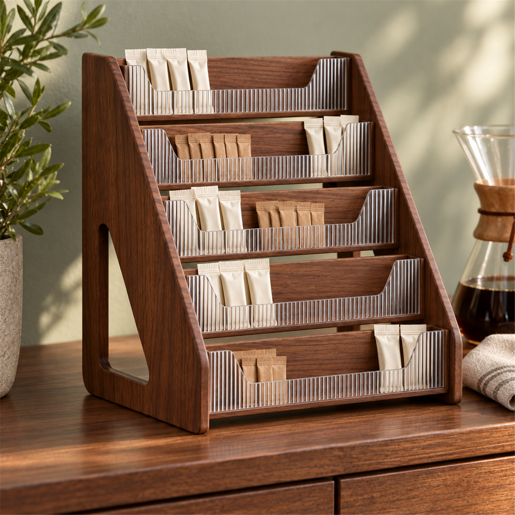 Left-angle view of walnut stepped coffee packet shelf on a sideboard