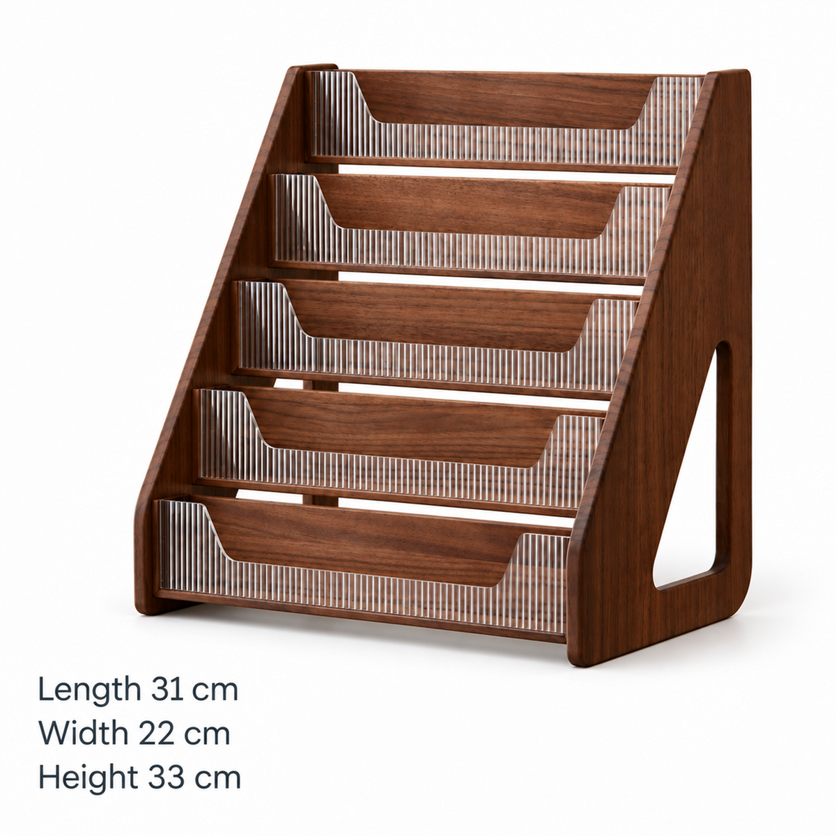 Five-tier walnut shelf measuring 31 cm long, 22 cm wide and 33 cm high