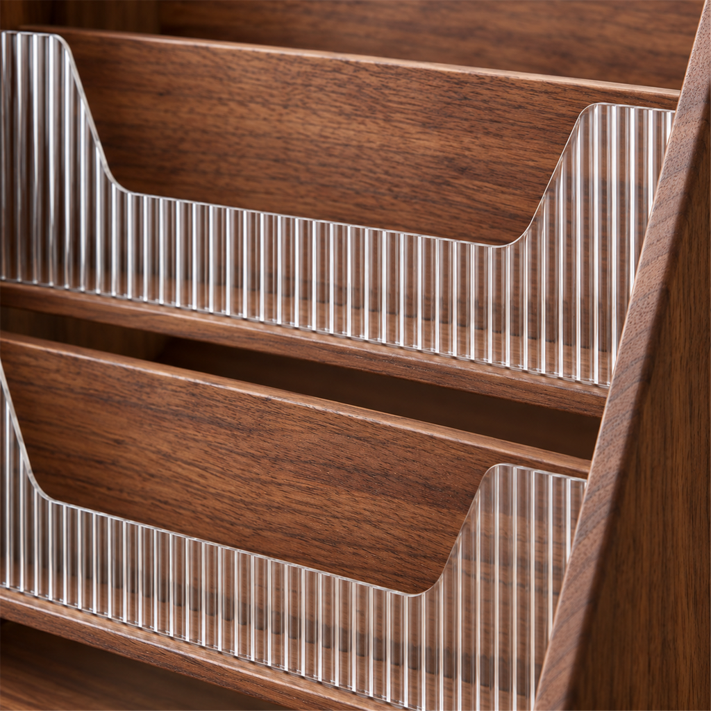 Close-up of clear fluted front guard with lowered center on walnut shelf