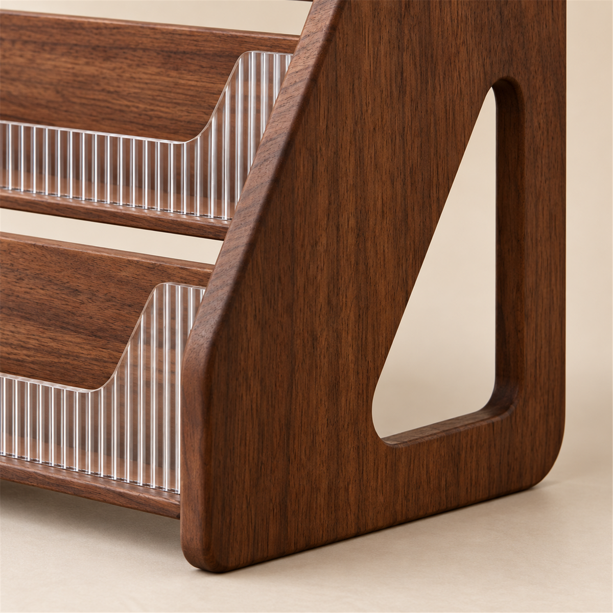 Close-up of the rounded triangular cutout in the walnut side panel