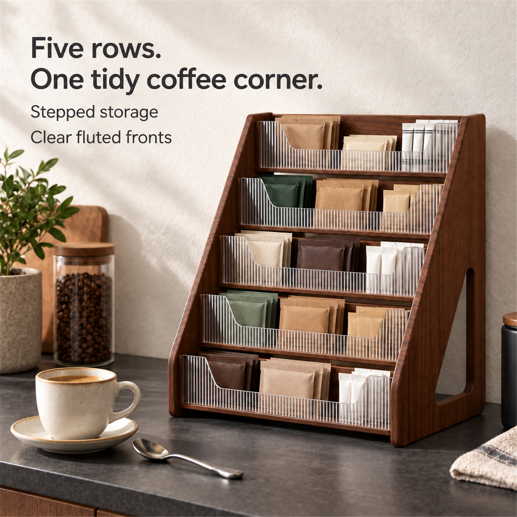 Five stepped rows of coffee sachets and sugar packets in a walnut coffee bar organizer