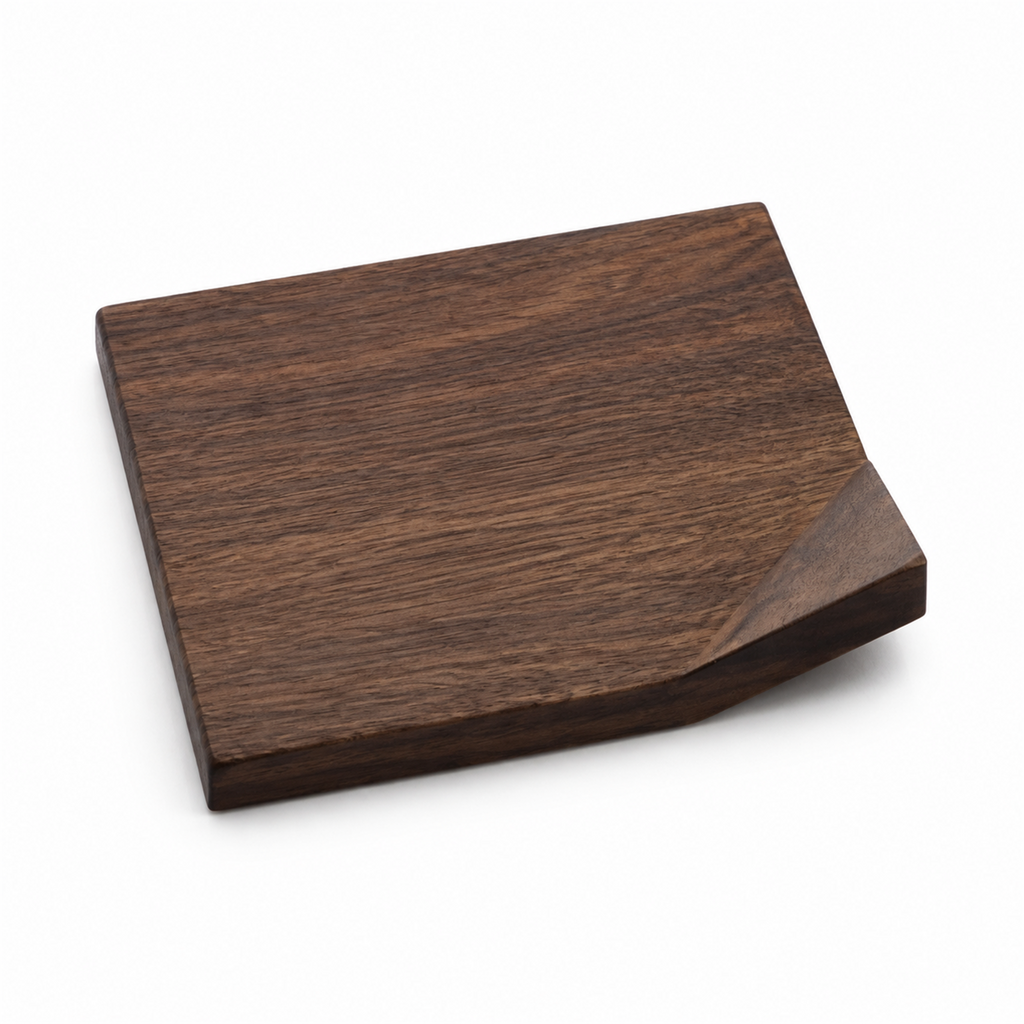 Solid walnut folded-corner coffee dessert serving board on white background