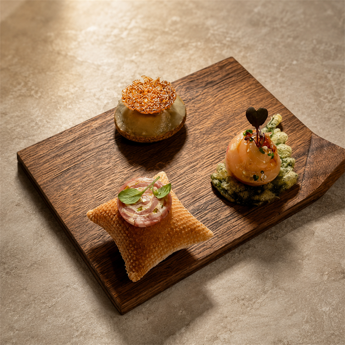 Solid walnut serving board with three small desserts