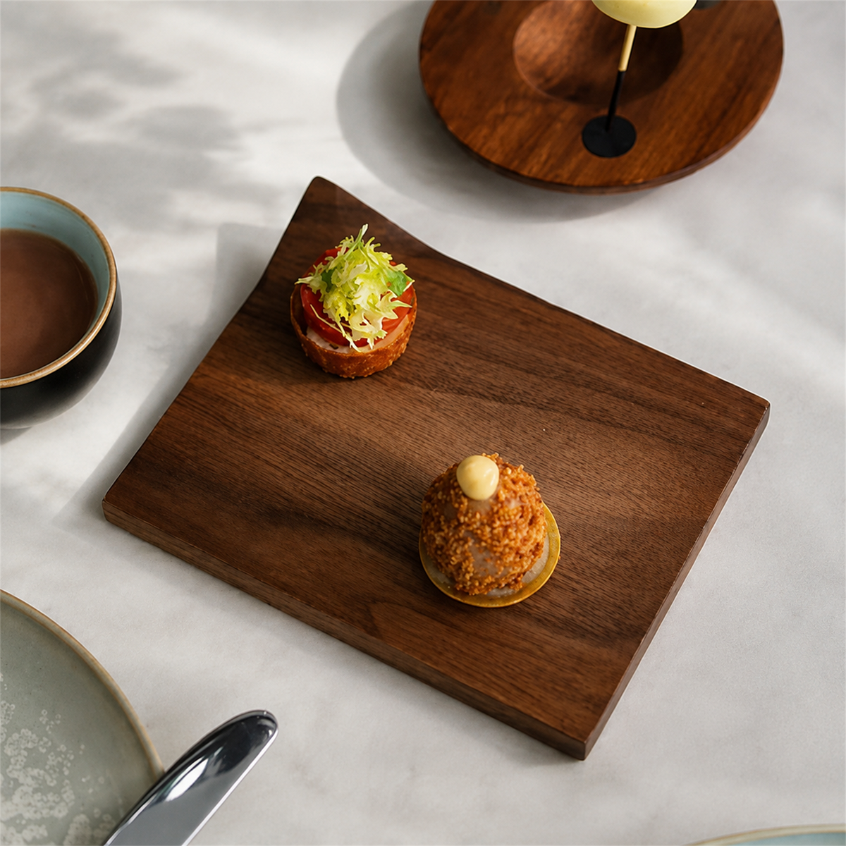 Solid walnut coffee tasting board with two small bites