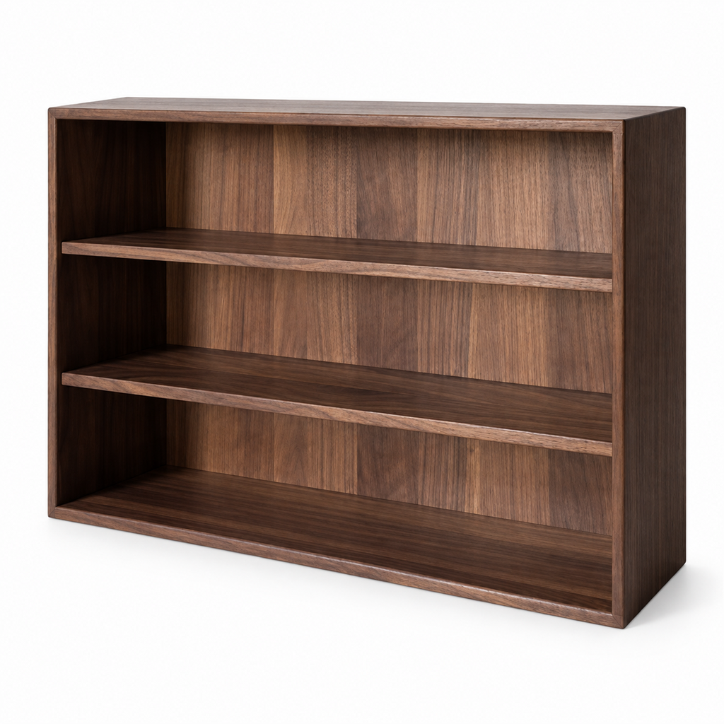 Solid walnut three-row cup display shelf with back panel on a white background