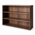 Solid walnut three-row cup display shelf with back panel on a white background