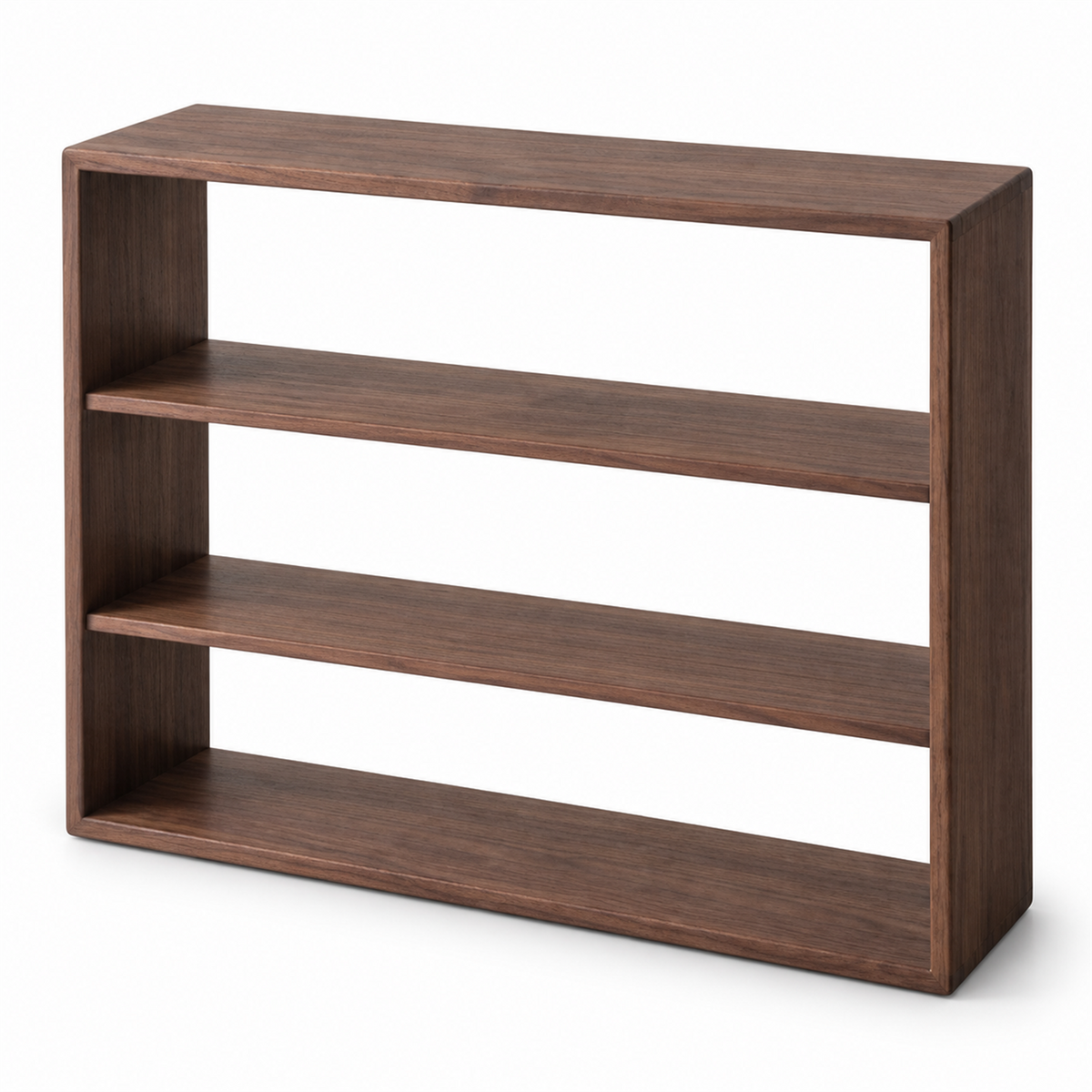 Solid walnut three-row open-back cup display shelf on a white background