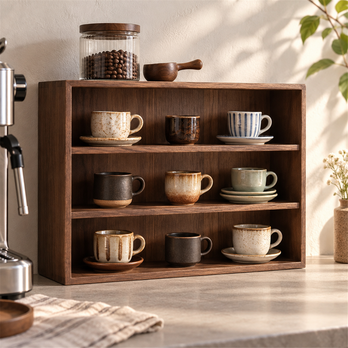 Back-panel walnut cup shelf displaying small espresso cups at a kitchen coffee counter