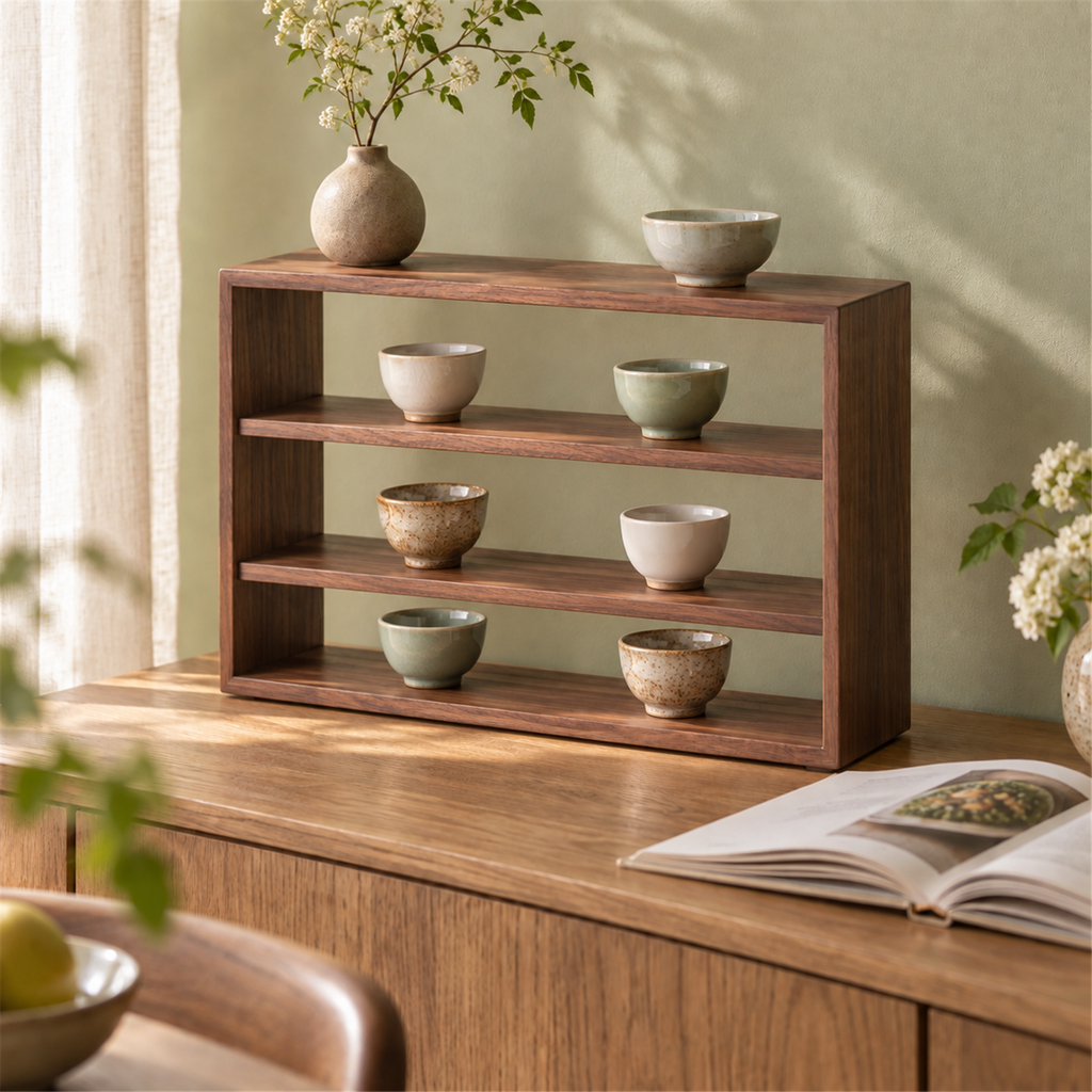 Open-back walnut cup shelf displaying tasting cups on a dining-room sideboard