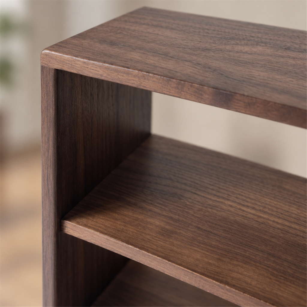 Close-up of the walnut outer frame and fixed shelf connection on the open-back model