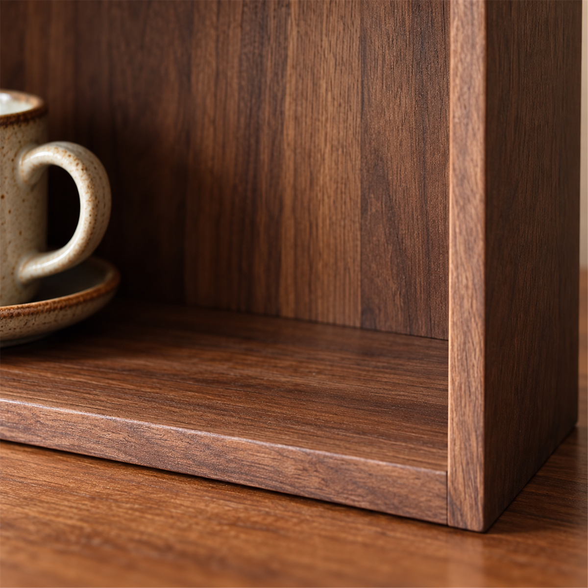 Close-up of the walnut base, side frame and back panel on the backed model