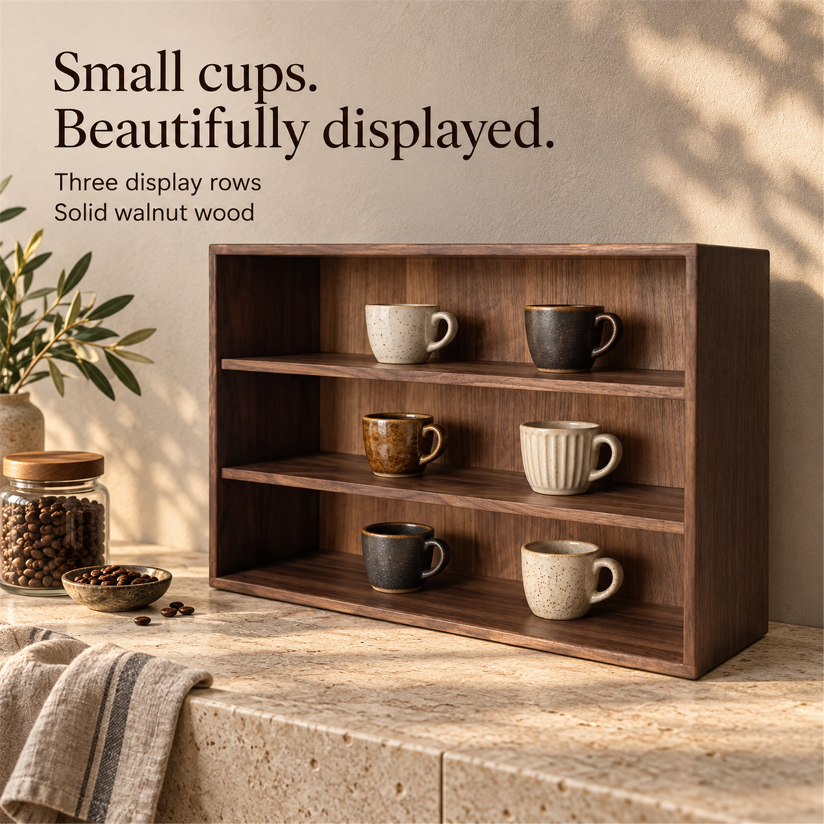 Three-row solid walnut cup display shelf styled in a coffee nook