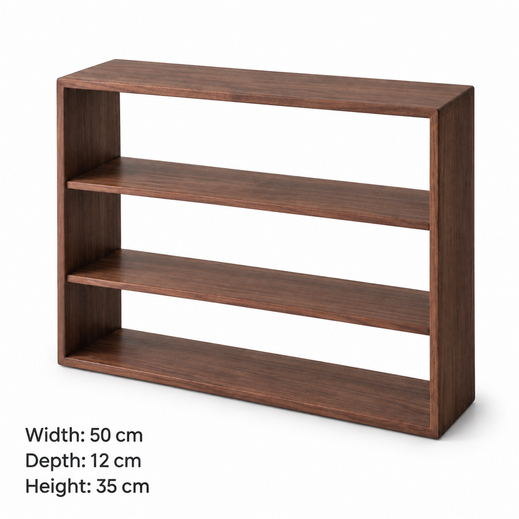 Open-back walnut cup display shelf dimensions: width 50 cm, depth 12 cm, height 35 cm