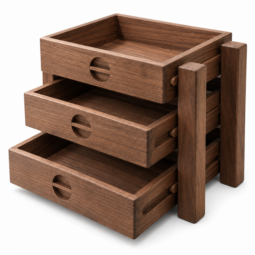Solid walnut three-tray coffee storage shelf on a white background with drawers partly extended