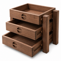 Solid walnut three-tray coffee storage shelf on a white background with drawers partly extended