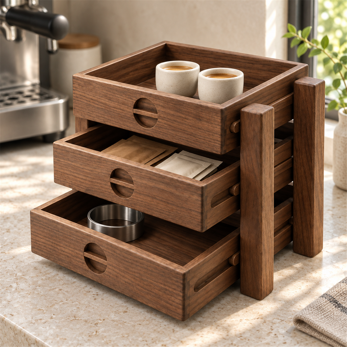 Walnut coffee storage shelf holding espresso cups and small accessories on a stone counter