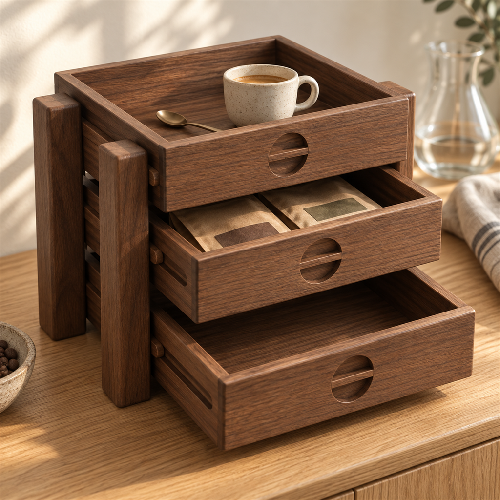Left-angle view of the three-tray walnut organizer on a coffee sideboard