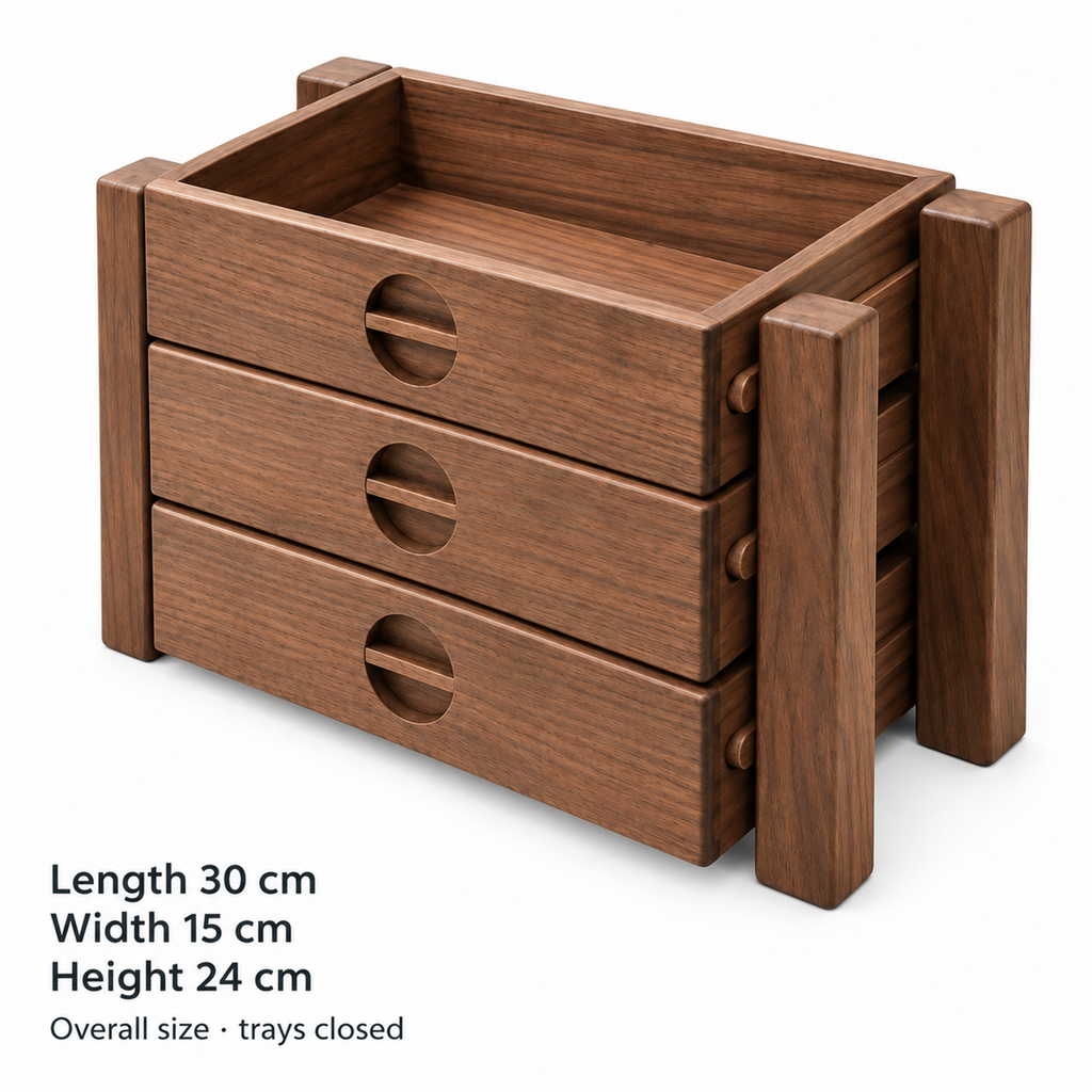 Walnut three-tray shelf measuring 30 cm long, 15 cm wide and 24 cm high with trays closed
