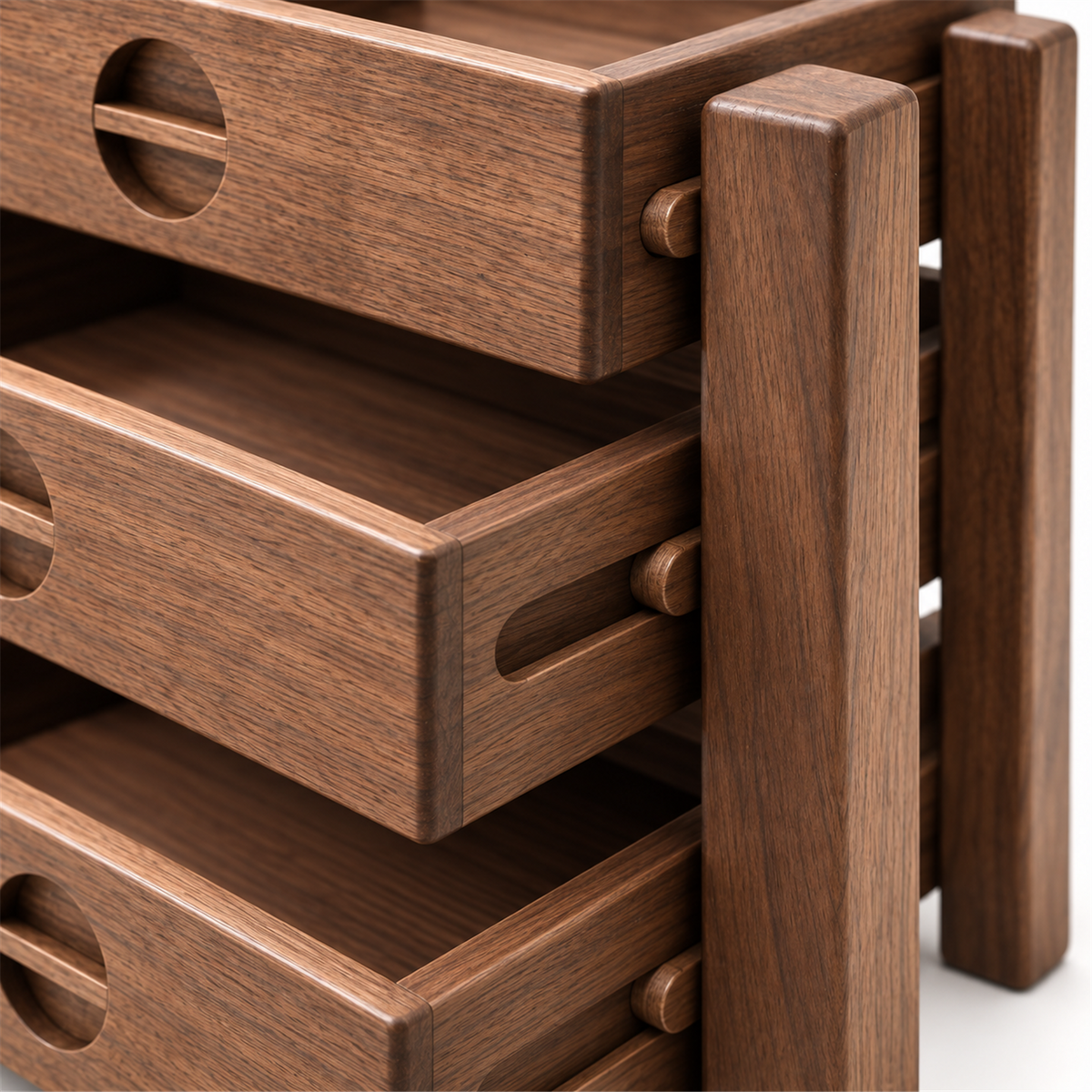 Close-up of the walnut tray guide slot, wooden peg and rounded upright