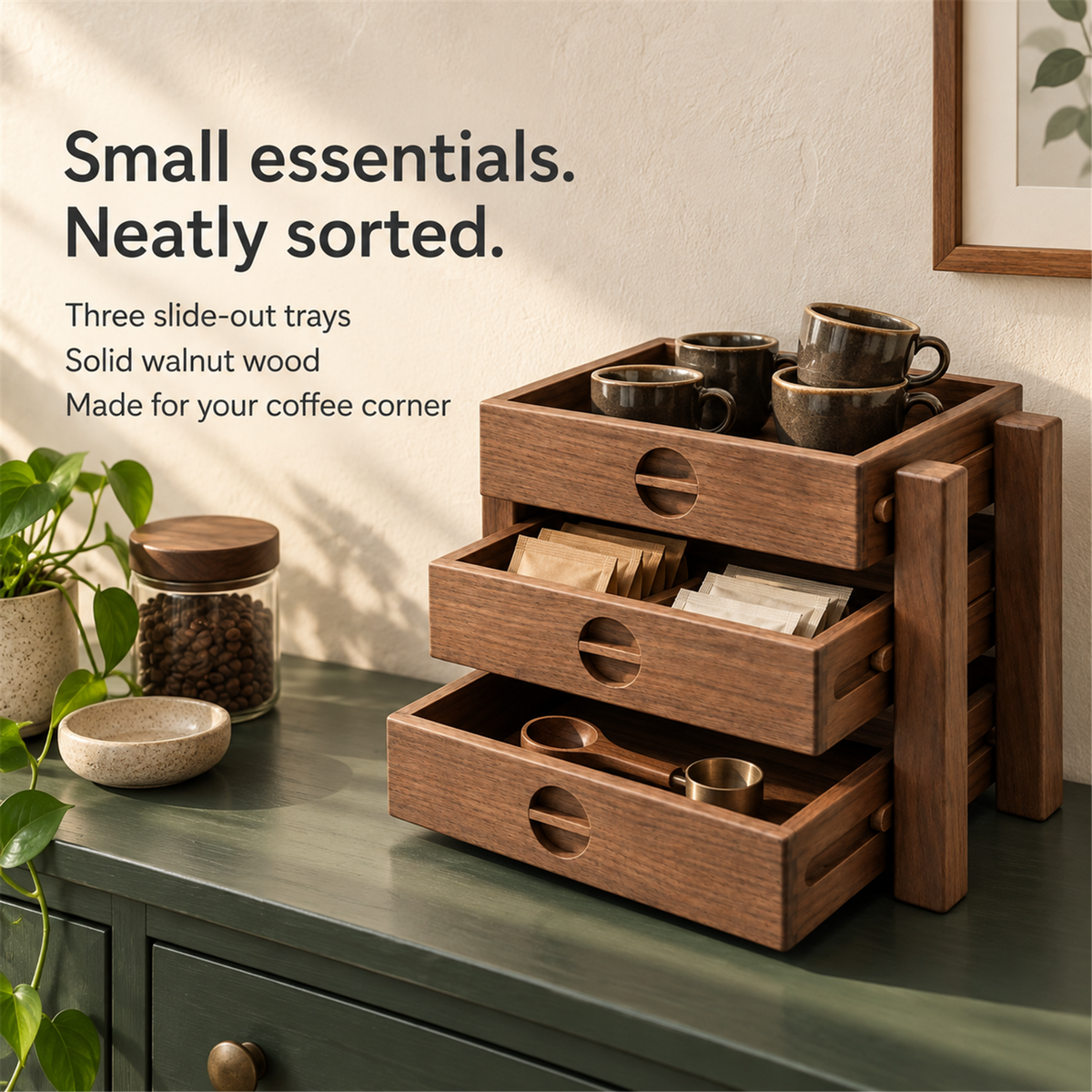 Three-tray solid walnut coffee storage shelf organizing cups, sachets and scoops