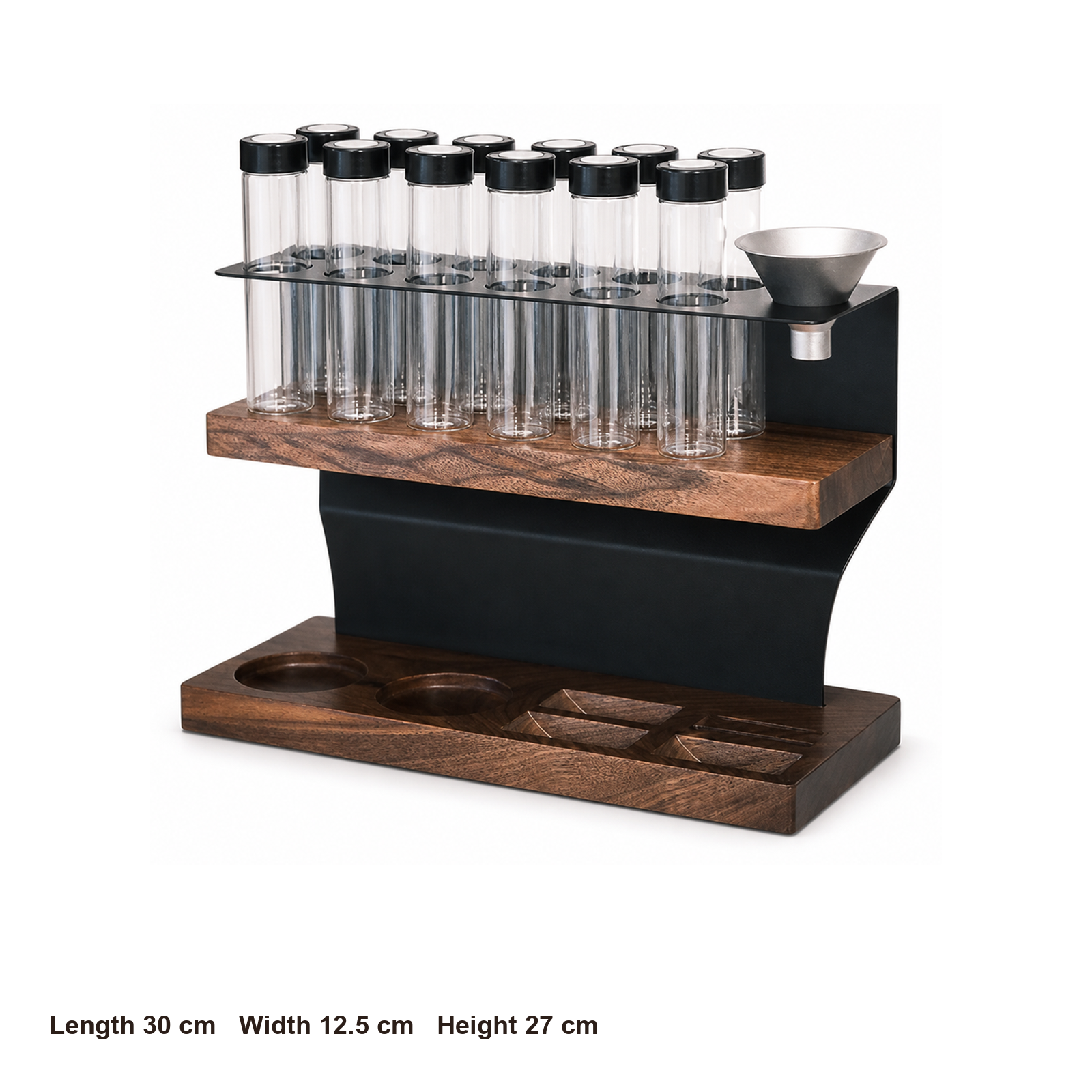 Twelve-tube coffee dosing station dimensions: 30 by 12.5 by 27 centimeters