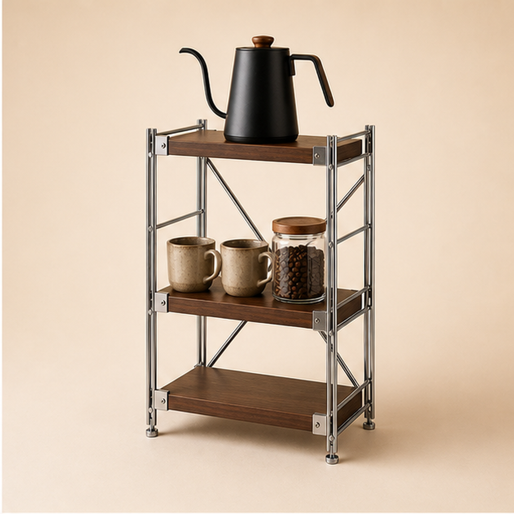 31 cm deep, 70 cm high 40 cm wide Walnut Brown three-tier coffee bar organizer