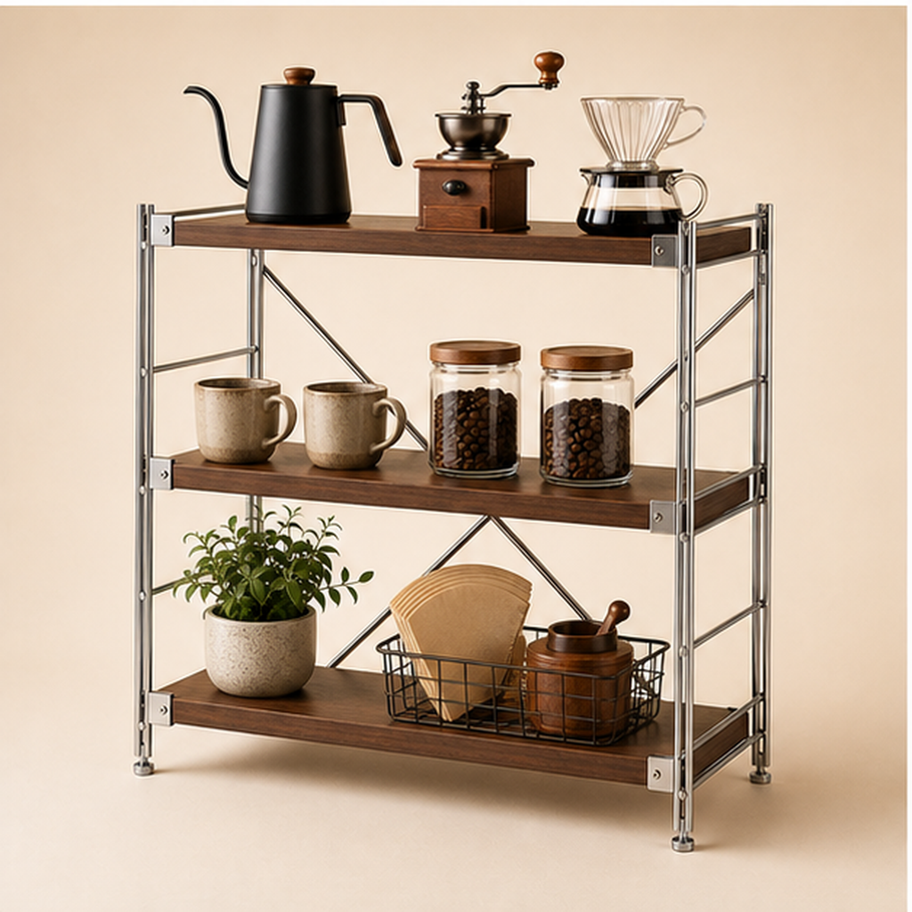 31 cm deep, 70 cm high 70 cm wide Walnut Brown three-tier coffee bar organizer