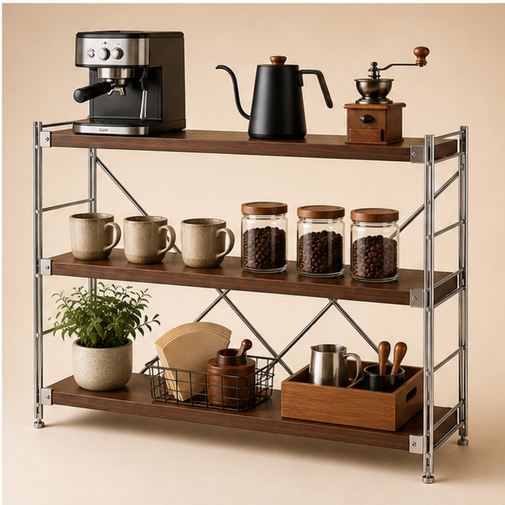 31 cm deep, 70 cm high 100 cm wide Walnut Brown three-tier coffee bar organizer
