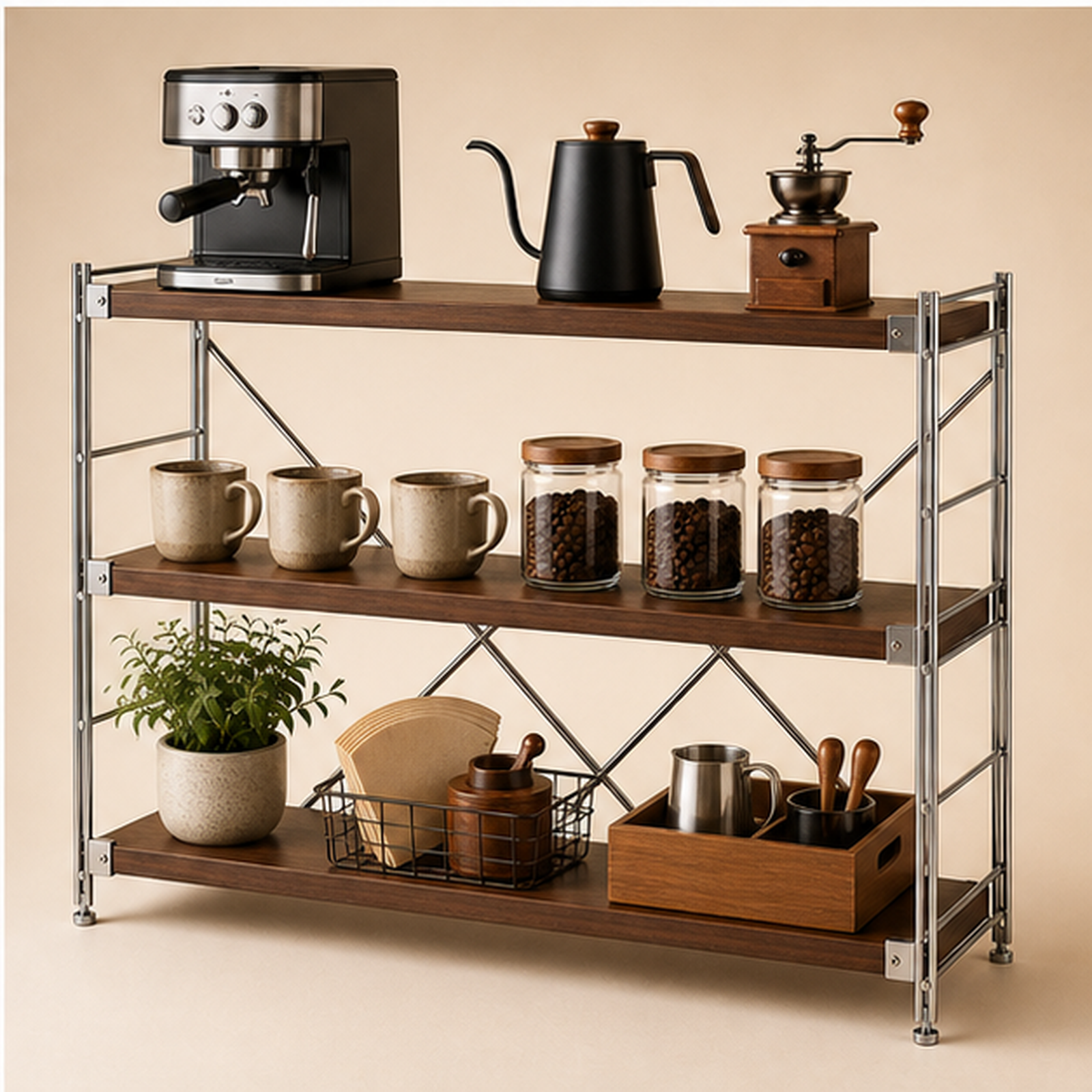 31 cm deep, 70 cm high 100 cm wide Walnut Brown three-tier coffee bar organizer