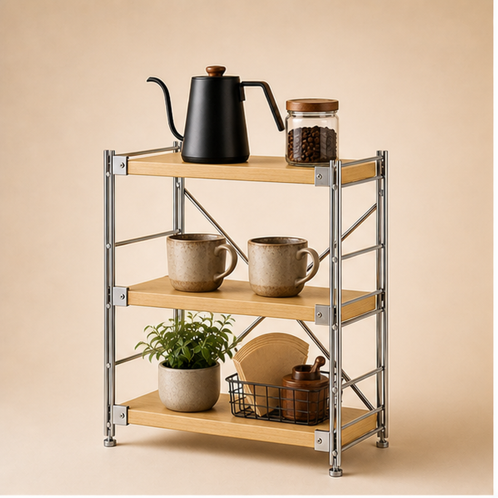 31 cm deep, 70 cm high 40 cm wide Natural Wood three-tier coffee bar organizer