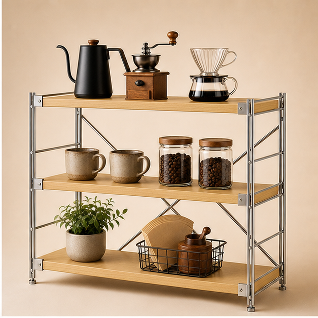 31 cm deep, 70 cm high 70 cm wide Natural Wood three-tier coffee bar organizer