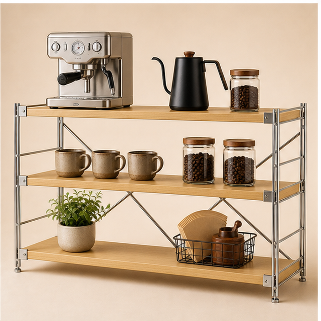 31 cm deep, 70 cm high 100 cm wide Natural Wood three-tier coffee bar organizer