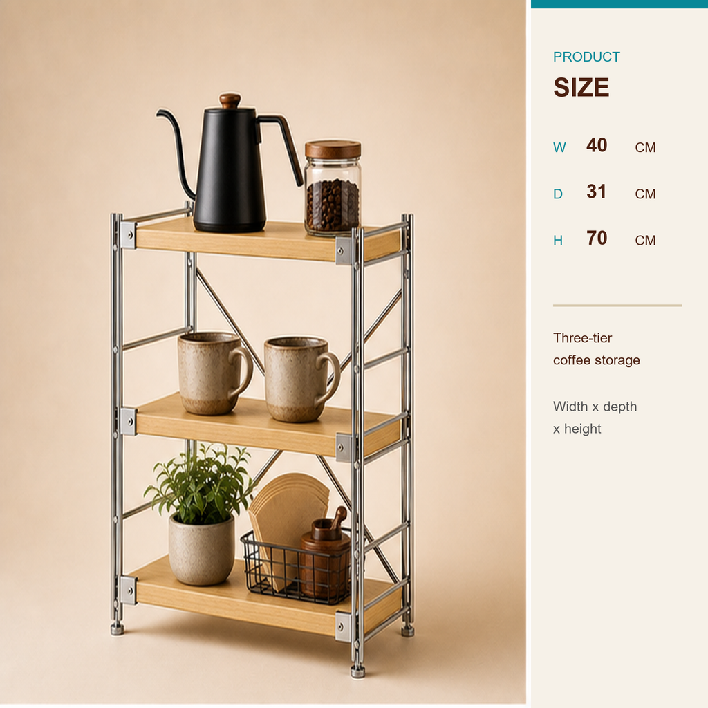 31 cm deep, 70 cm high 40 cm wide three-tier coffee bar organizer size guide