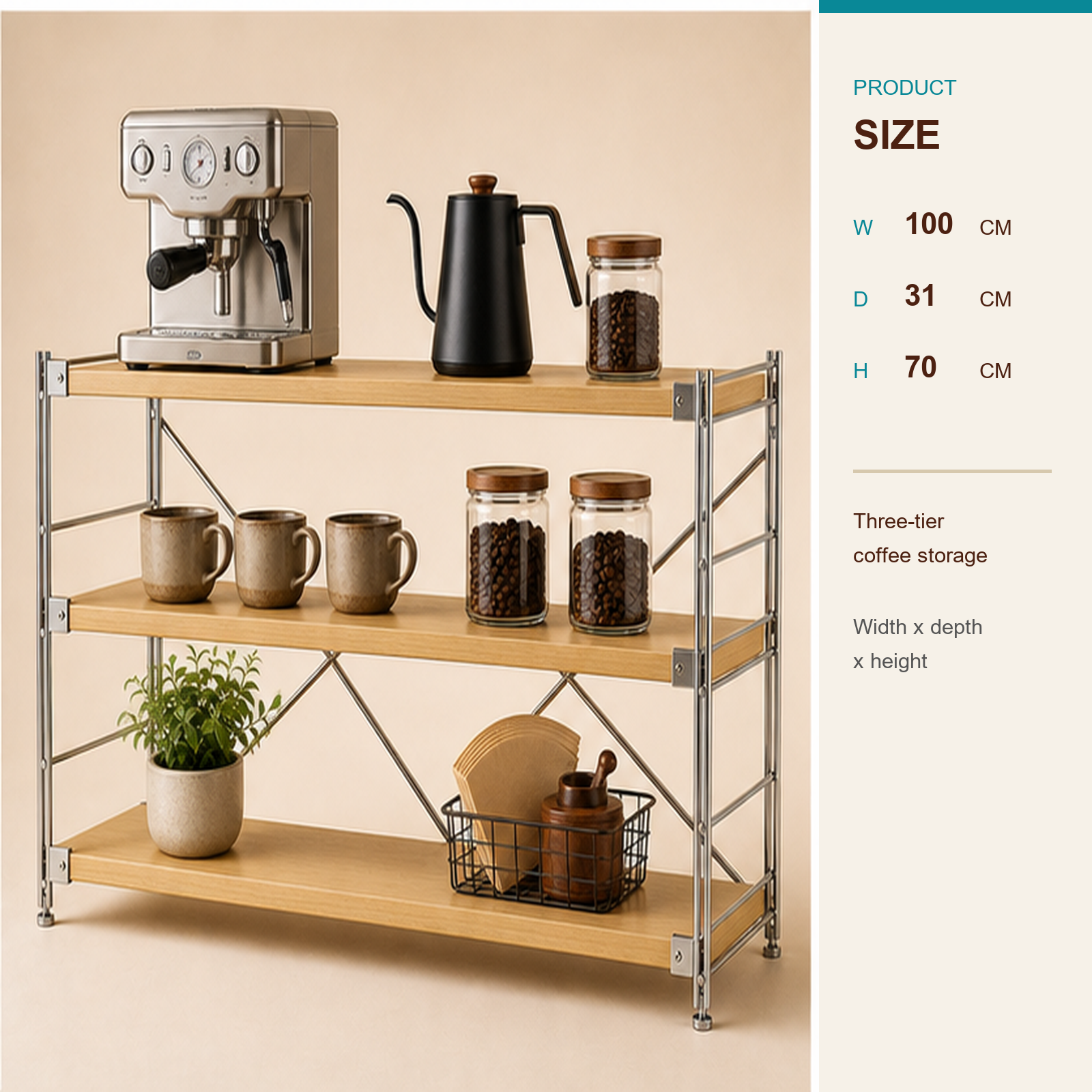 31 cm deep, 70 cm high 100 cm wide three-tier coffee bar organizer size guide