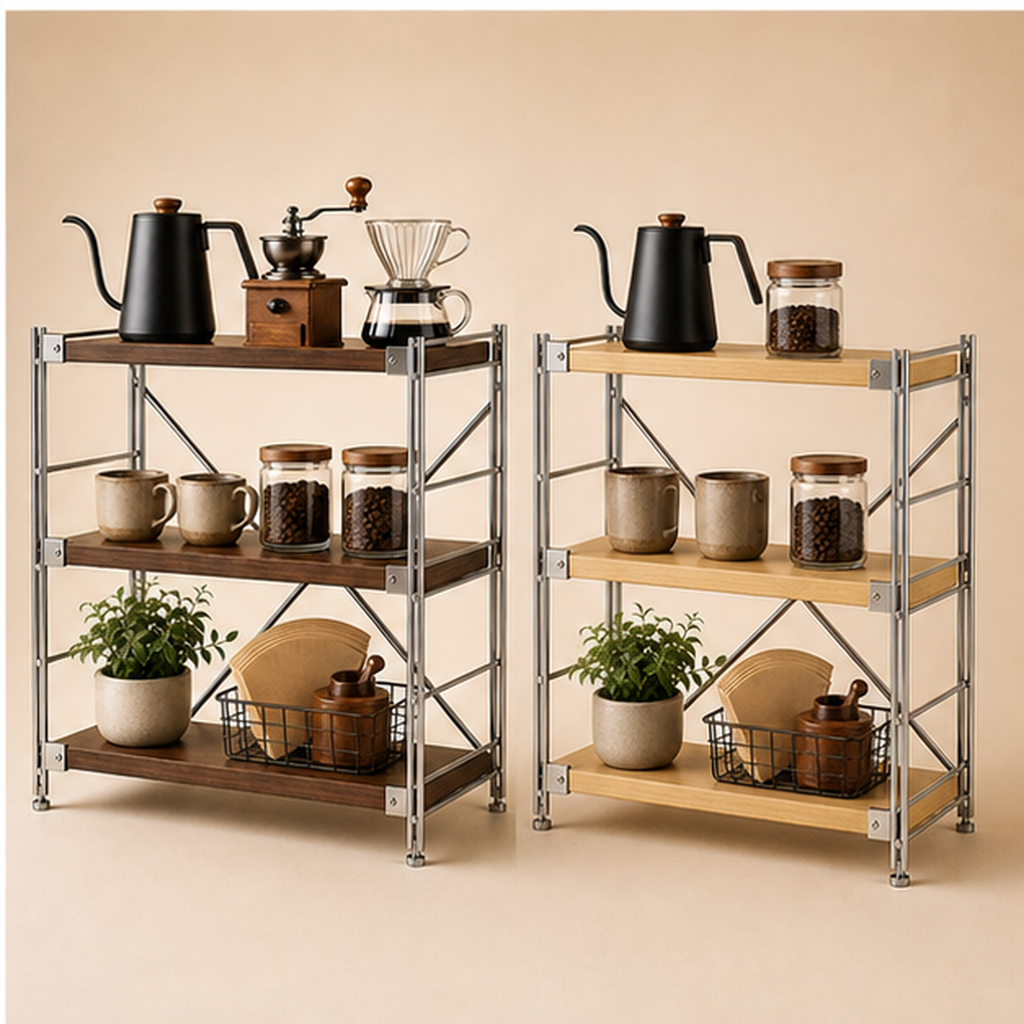 31 cm deep, 70 cm high Walnut Brown and Natural Wood three-tier coffee bar organizer finish comparison
