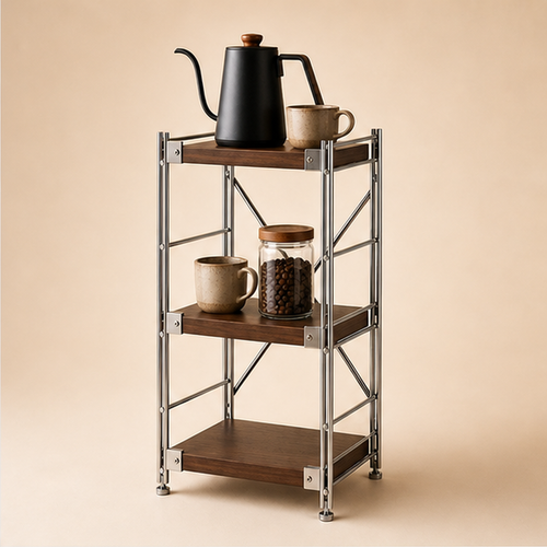 31 cm deep, 90 cm high 40 cm wide Walnut Brown three-tier coffee bar organizer