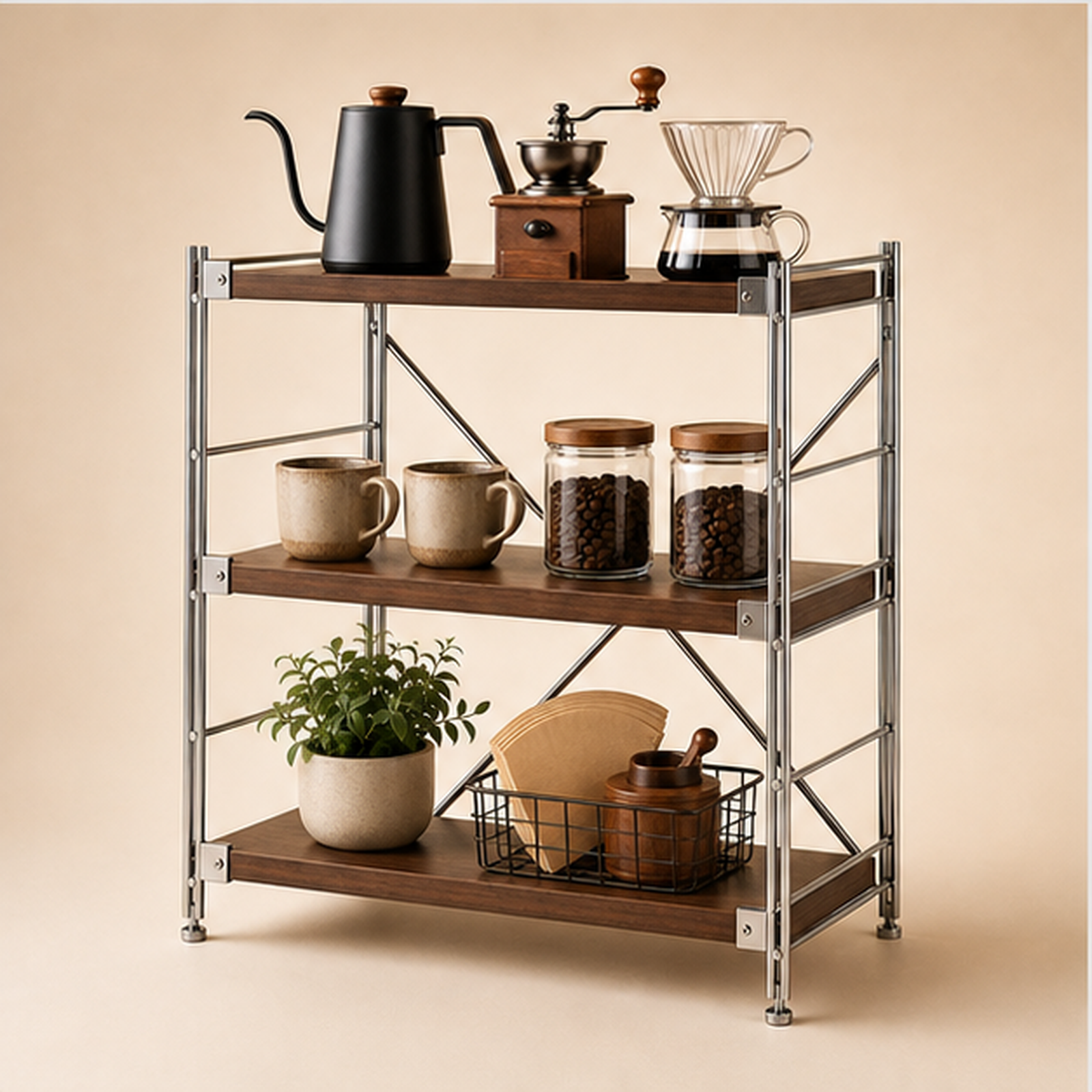 31 cm deep, 90 cm high 70 cm wide Walnut Brown three-tier coffee bar organizer