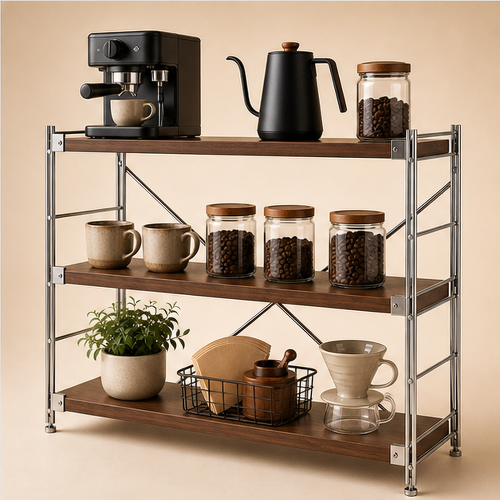 31 cm deep, 90 cm high 100 cm wide Walnut Brown three-tier coffee bar organizer