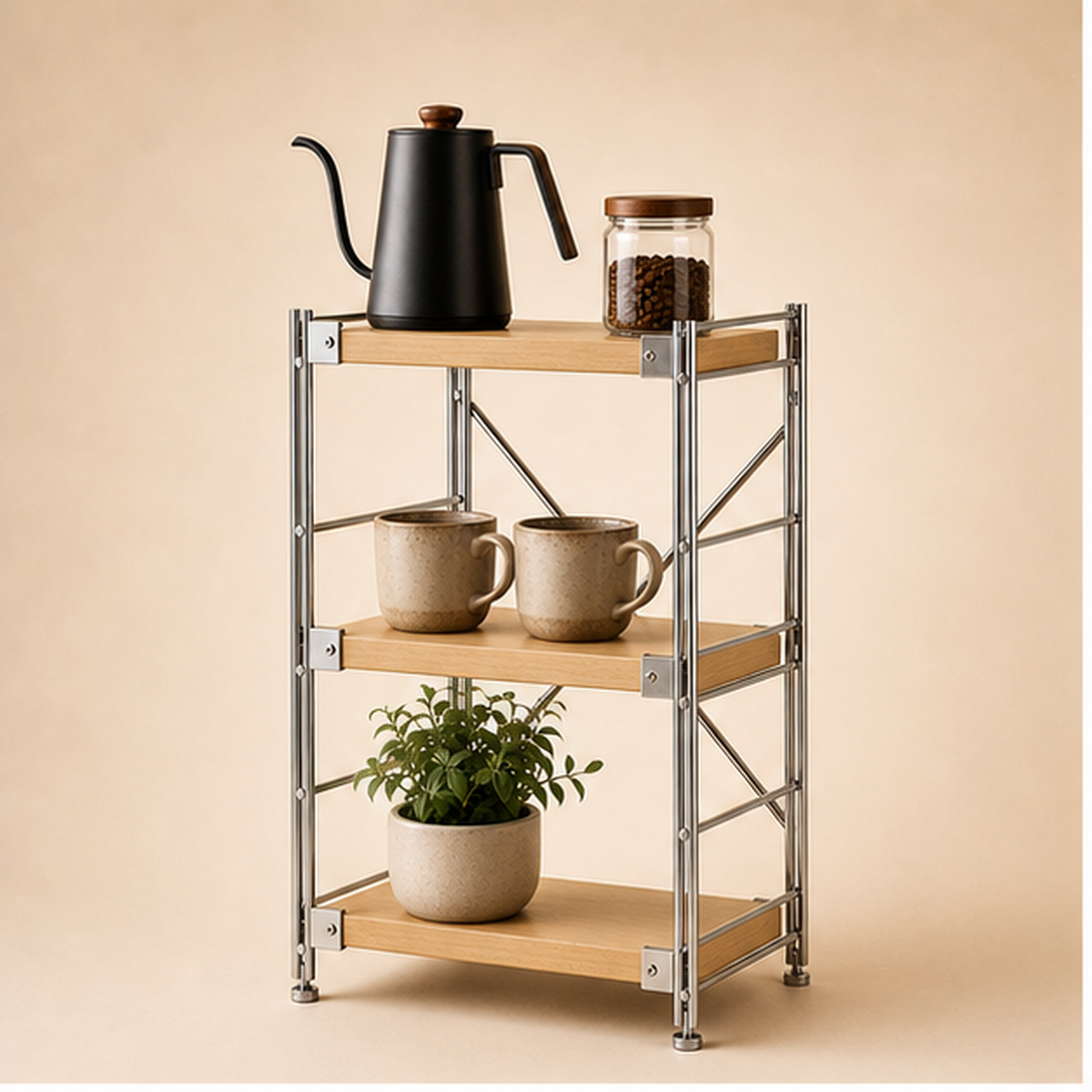 31 cm deep, 90 cm high 40 cm wide Natural Wood three-tier coffee bar organizer
