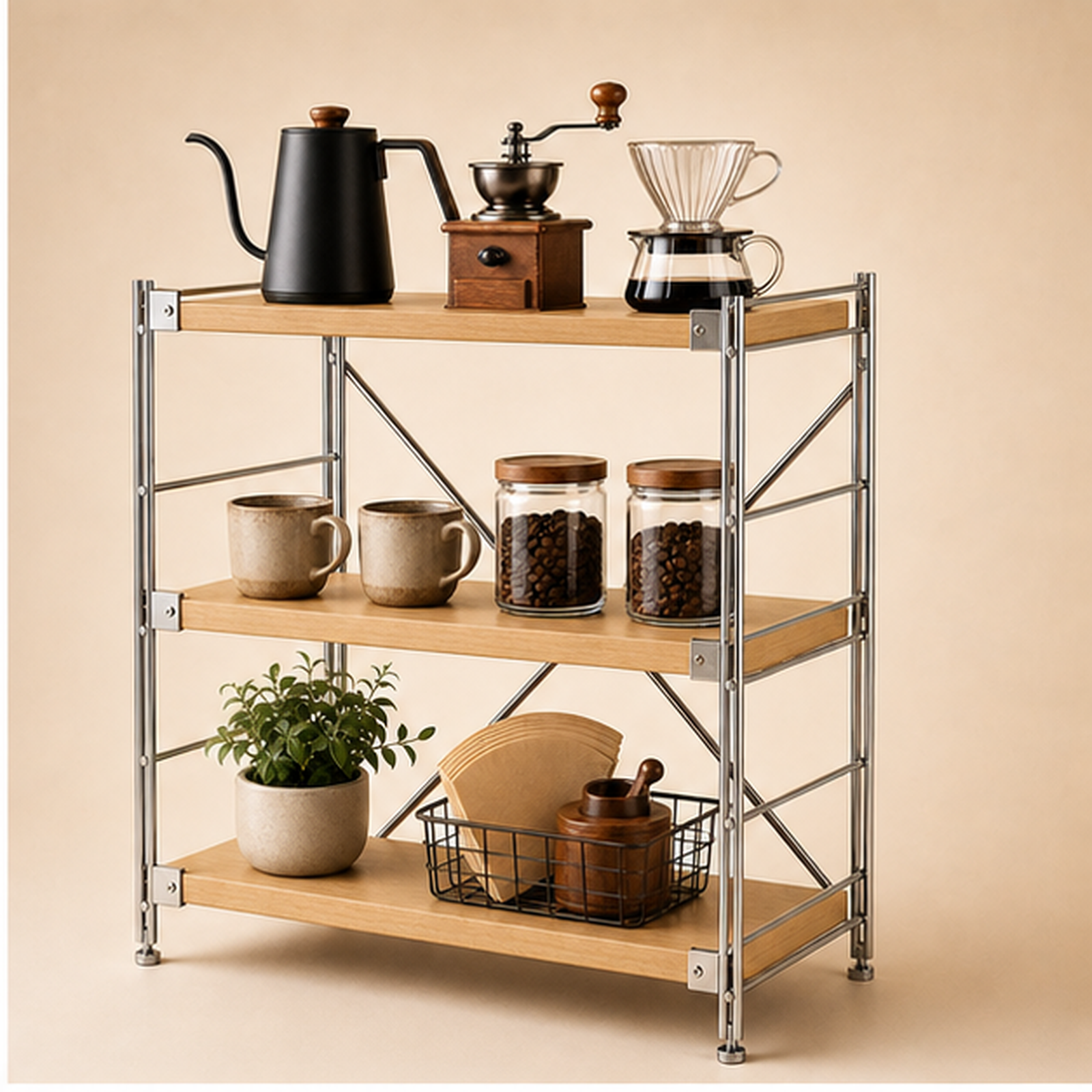 31 cm deep, 90 cm high 70 cm wide Natural Wood three-tier coffee bar organizer