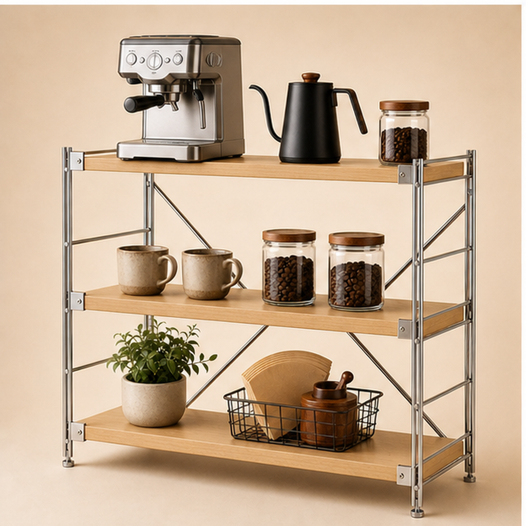 31 cm deep, 90 cm high 100 cm wide Natural Wood three-tier coffee bar organizer