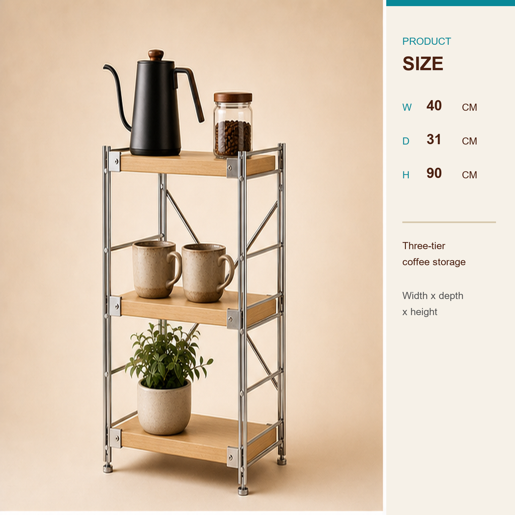 31 cm deep, 90 cm high 40 cm wide three-tier coffee bar organizer size guide