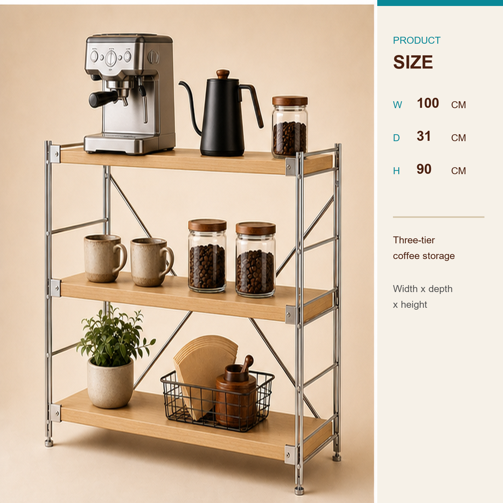 31 cm deep, 90 cm high 100 cm wide three-tier coffee bar organizer size guide