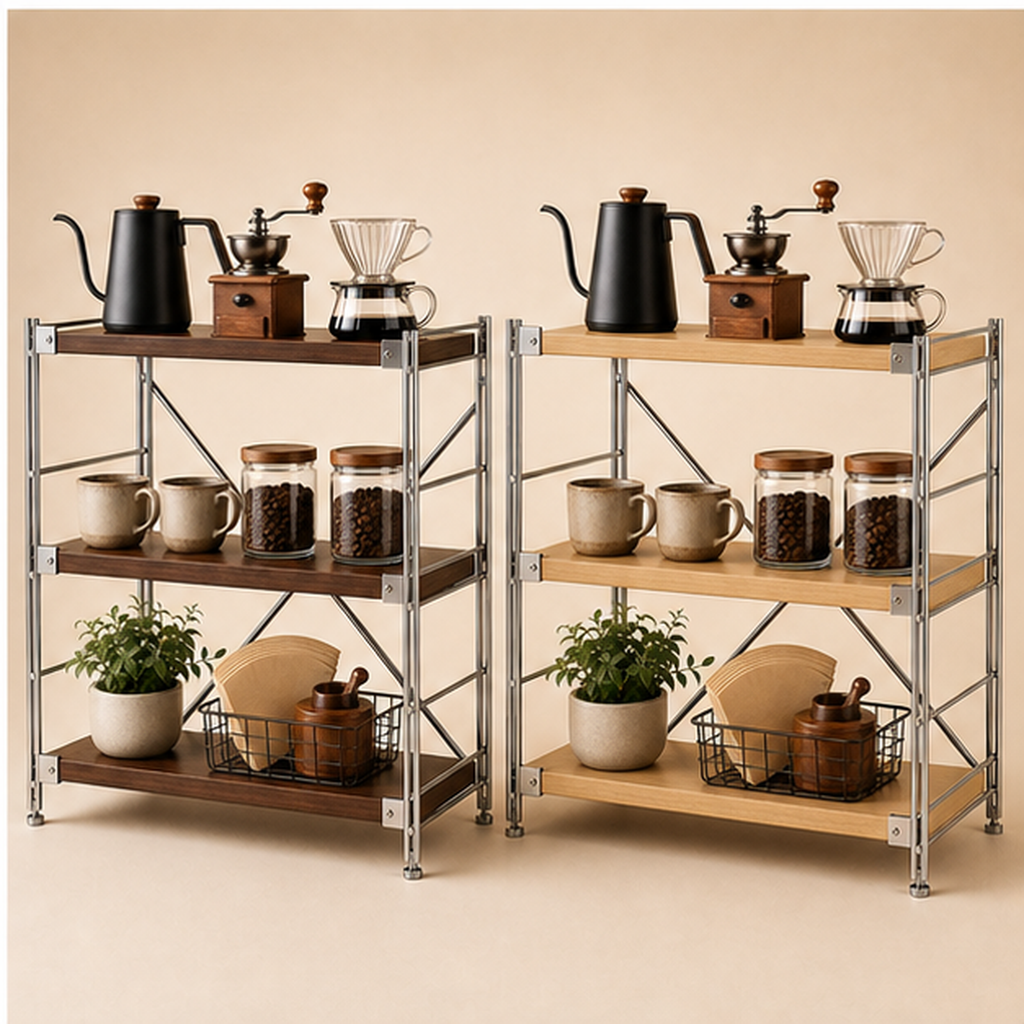 31 cm deep, 90 cm high Walnut Brown and Natural Wood three-tier coffee bar organizer finish comparison