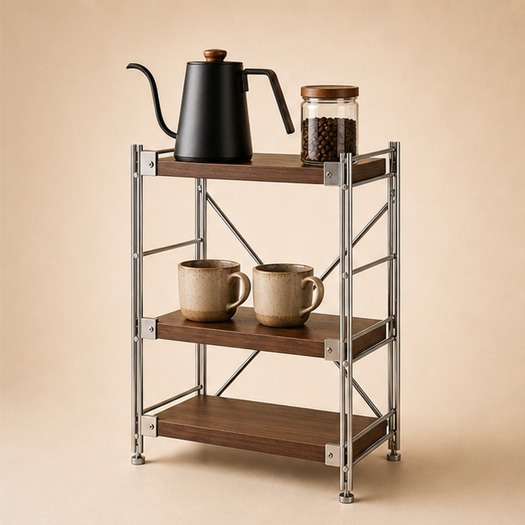 41 cm deep, 70 cm high 40 cm wide Walnut Brown three-tier coffee bar organizer