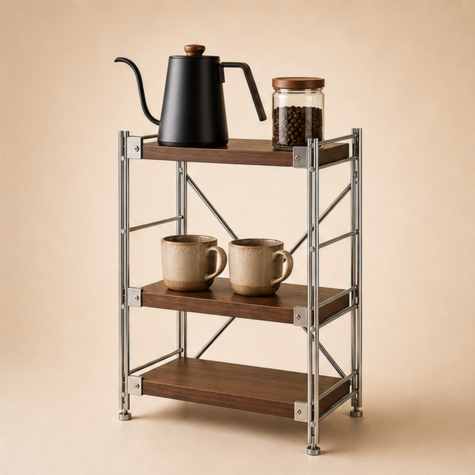 41 cm deep, 70 cm high 40 cm wide Walnut Brown three-tier coffee bar organizer