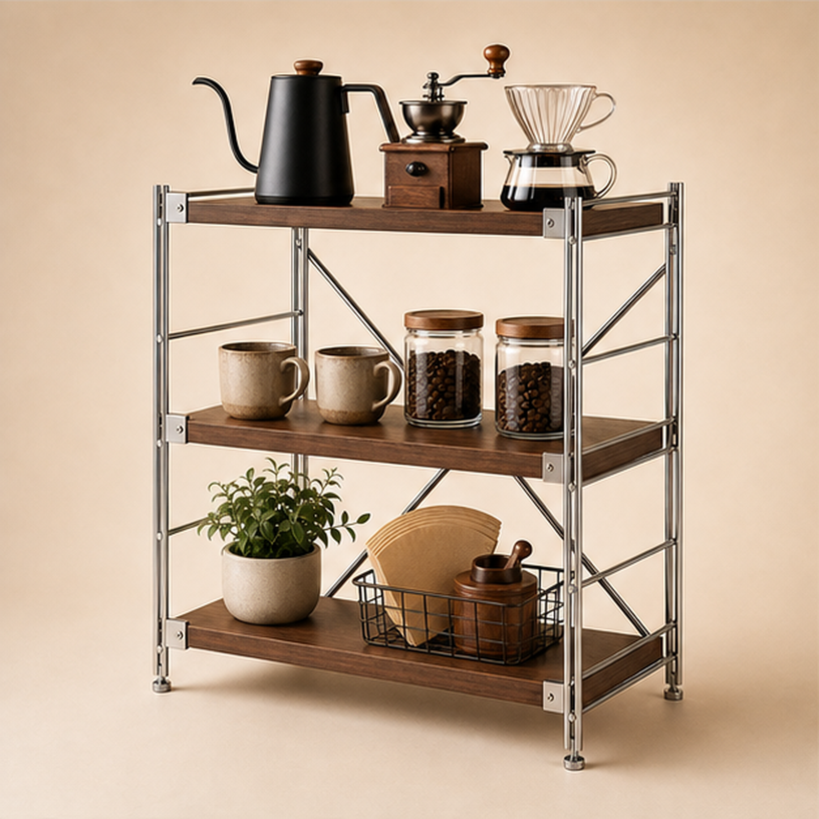 41 cm deep, 70 cm high 70 cm wide Walnut Brown three-tier coffee bar organizer